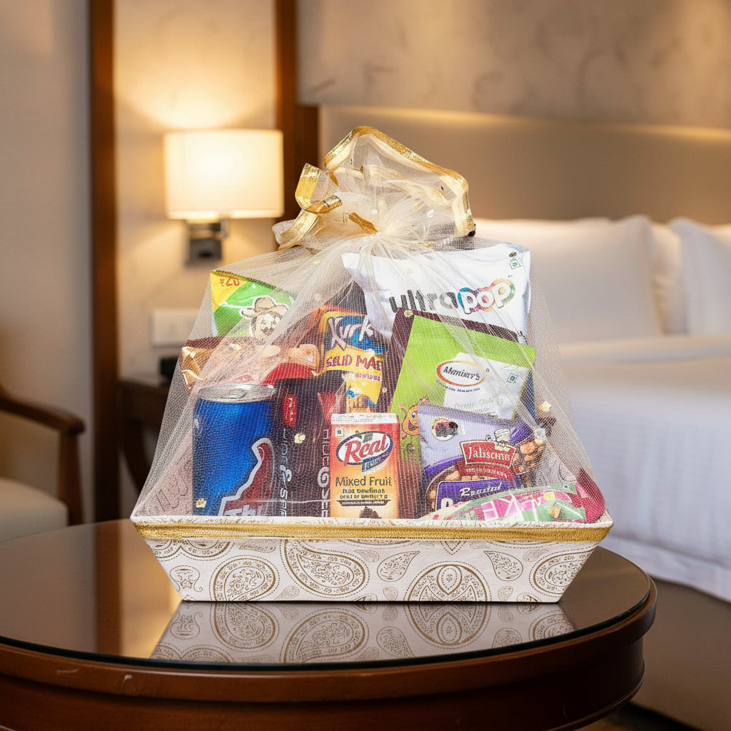 Gift basket with snacks and drinks on a beige background
