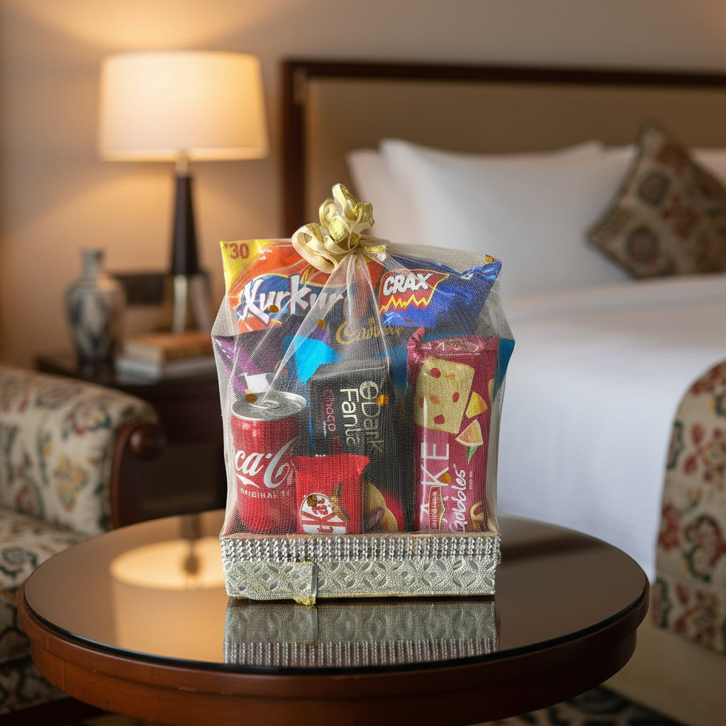 Gift basket with snacks and drinks on a wooden surface